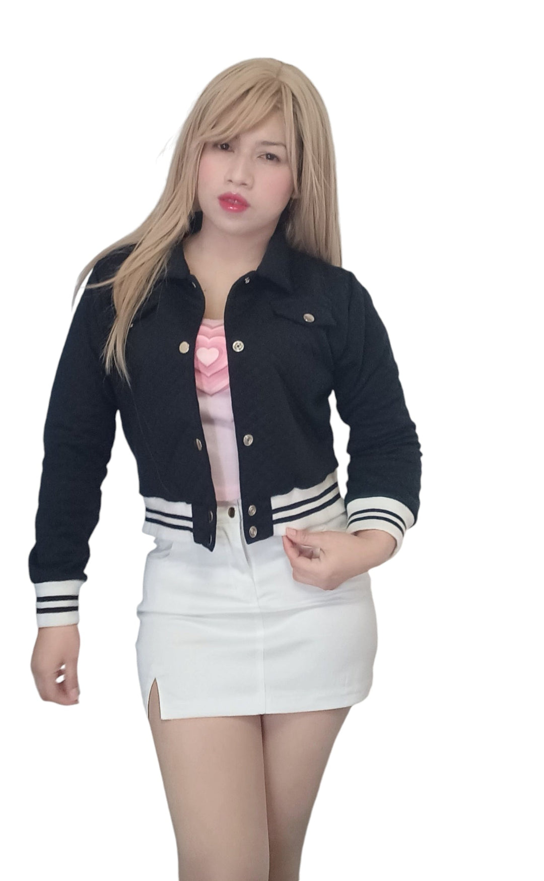 "Spring Short Bomber Jacket – Black &amp; Soft Navy Elegance"