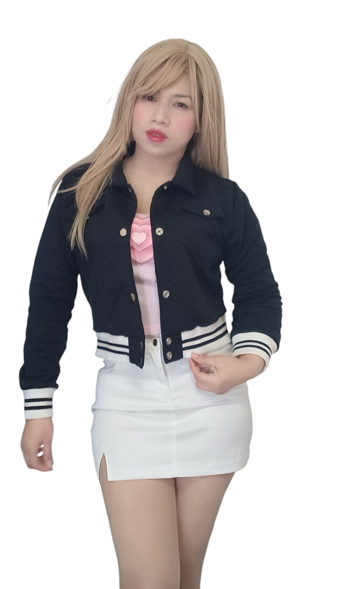 "Spring Short Bomber Jacket – Black & Soft Navy Elegance"