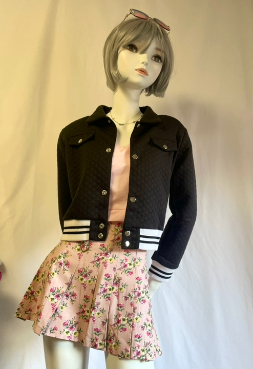 "Spring Short Bomber Jacket – Black &amp; Soft Navy Elegance"