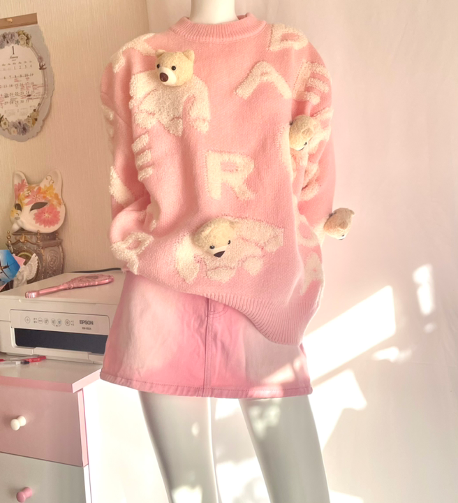 "Adorable Pink Teddy Bear Sweater – Cute & Youthful Style"