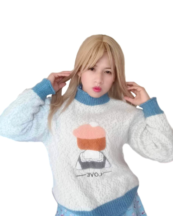 "Korean-Style Sweater with Adorable Doll Design"