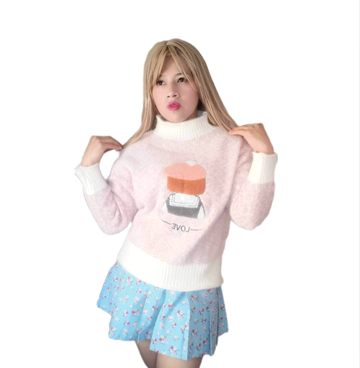 "Korean-Style Sweater with Adorable Doll Design"