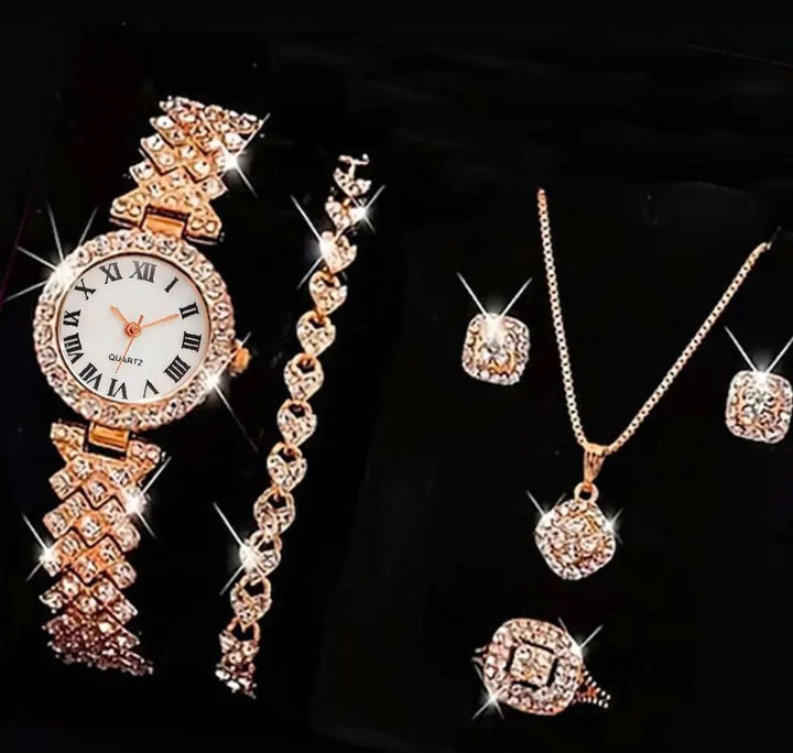 Elegante set de joyeria de Fantasia fina:Reloj y 4piezas.