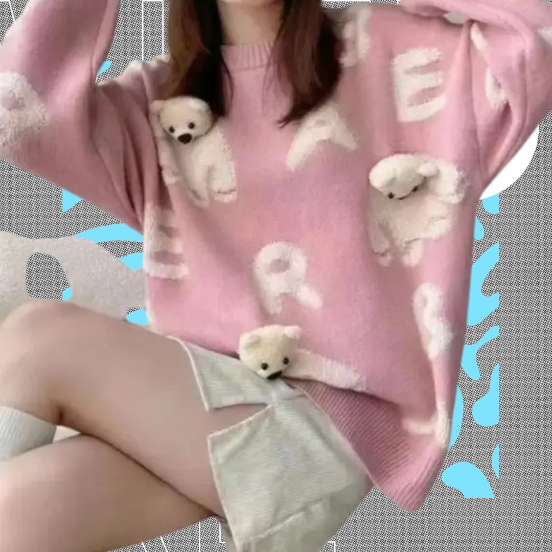 "Adorable Pink Teddy Bear Sweater – Cute & Youthful Style"